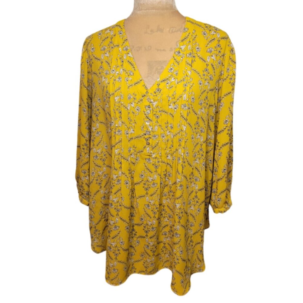 Rose & Olive Cottagecore Boho Sheer Tunic Yellow Floral 3/4-Sleeve Size 1X
